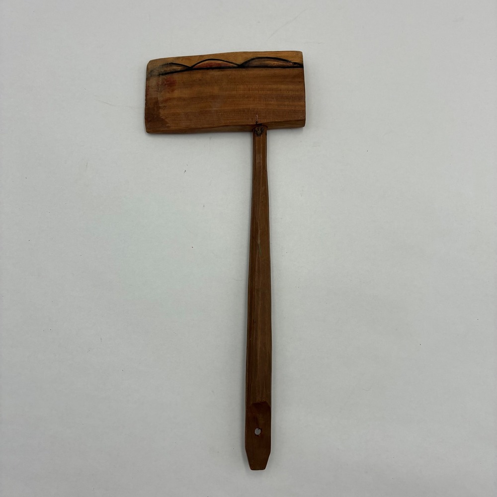 Vintage Hand Carved Wooden Mallet Folk Art Scalloped Paint Primitive Tool 10 in